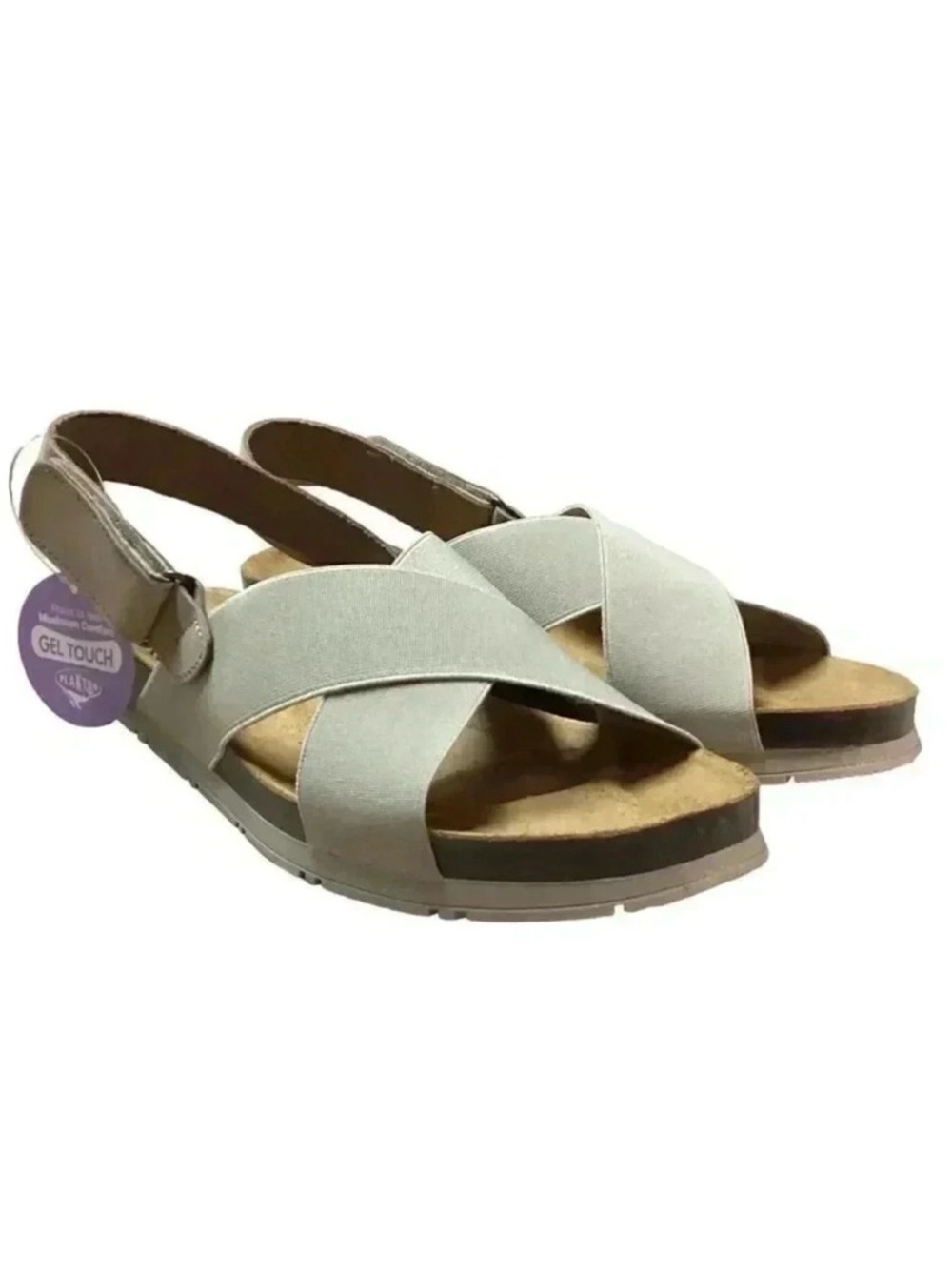 Plakton Sandals Women 8.5 Gray Goal Slingback Elastic Leather Cork Flat Shoe NEW